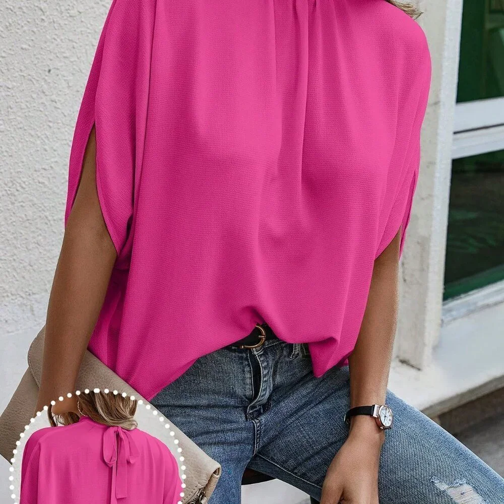 Hot Pink Casual Women's Stand Collar Loose Bat Wing Sleeve Blouse